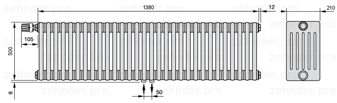 Схема (чертеж) Радиатор Zehnder Charleston 6050/30 №V007 Белый глянцевый RAL 9016
